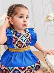 Ensemble de 2 pièces pour fille bébé, top imprimé rétro bleu conservateur et élégant et shorts avec détail de ruban tissé en or, tenues décontractées d'été - Multicolore - Voir 4