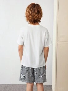 LOONEY TUNES X SHEIN Tween男孩卡通印花鬆身短袖上衣和短褲睡衣套裝，夏天款 - 白色 - 查看 2