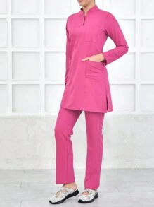 Stand Collar Zipper Hidden Uniform Scrub Set - Pink - View 5