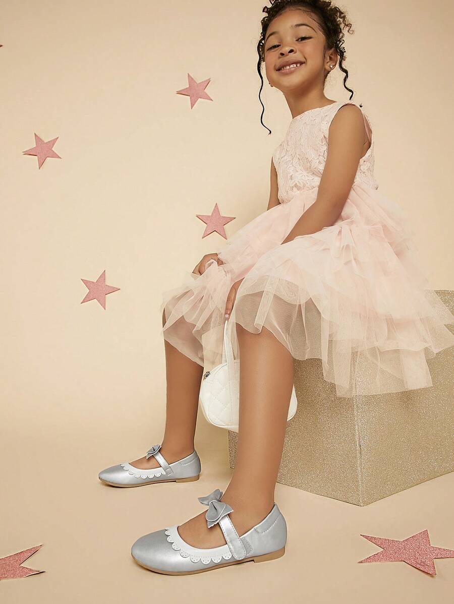 Mini mi 兒童時尚色塊扁平鞋，配有蝴蝶結裝飾，舒適百搭 - 銀色 - 查看 1