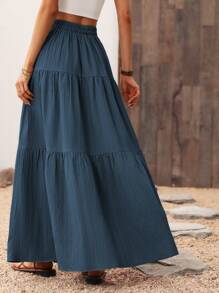 Breezaya 女士休闲度假风单排扣半身裙 - 藍色 - 查看 2