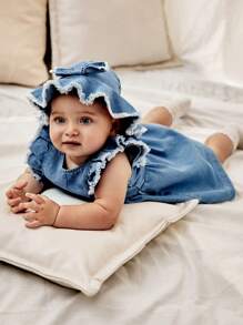 SHEIN Váy denim màu xanh xuân hè dành cho bé gái có thêu, kèm mũ, dễ thương, thanh lịch và lộng lẫy, thích hợp để mặc hàng ngày và những dịp bình thường - Màu xanh lam - Xem 6