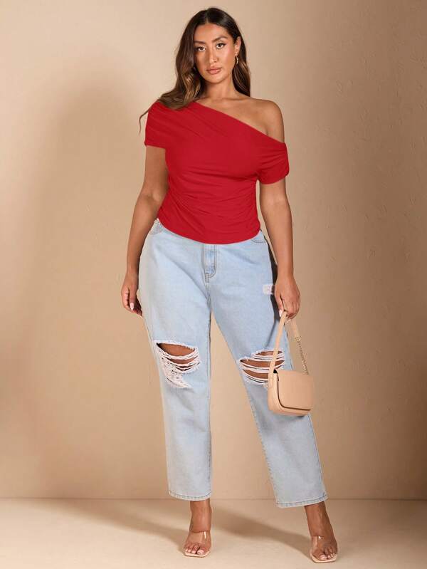 SHEIN BAE Plus Size Women's Solid Color Asymmetrical Neck Batwing Sleeve Casual T-Shirt, Summer