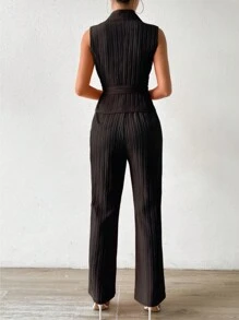 Chiquease Women's Summer Casual Solid Color Wrap Sleeveless Top And Long Pants Two-Piece Set - Black - View 2