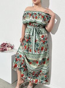 Mulvari 大码露肩复古印花系带度假连衣裙，夏季波西米亚风露肩沙滩长裙 - 彩色 - 查看 1