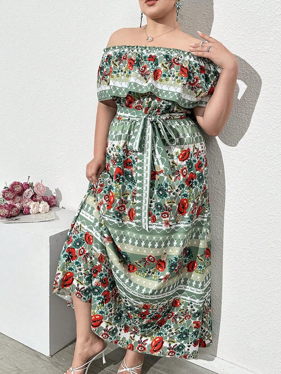 Mulvari 大码露肩复古印花系带度假连衣裙，夏季波西米亚风露肩沙滩长裙 - 彩色 - 查看 1