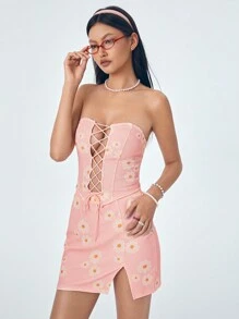 Caro Terranova Maglietta da donna attillata con stampa, con fiocco anteriore, stile casual "Girlcore", adatta per l estate, vacanze, uscite, festival, stile occidentale