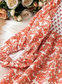 Breezaya Vestido maxi holgado de mujer con mangas de farol, estampado de plantas, cinturón y corte recto, atuendo vacacional para mujeres - Albaricoque - Ver 4