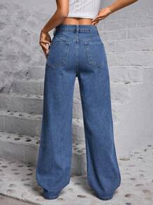 SHEIN EZwear 高腰直筒牛仔褲 - 中等水洗藍 - 查看 2