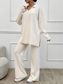 EURMUSE Plus 2pcs/Set Solid Color Turn-Down Collar Sweater And Long Pants Outfit - Apricot - View 6