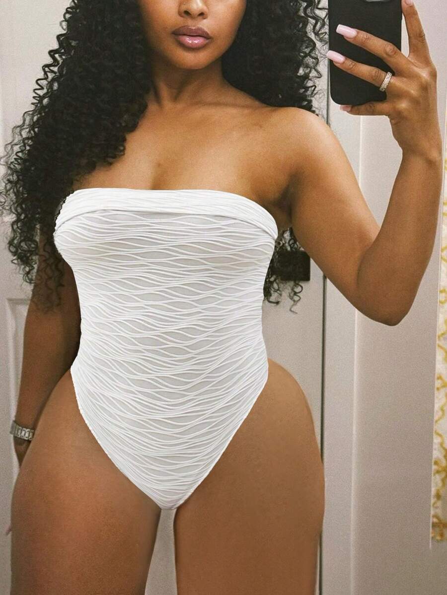 BamGleam Bodysuit Tanpa Tali dengan Tekstur Warna Polos Kasual Musim Panas - Putih - View 1