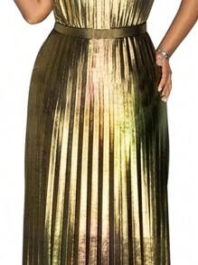 Women Solid Color Asymmetrical Collar Pleated Dress - Gold - View 6