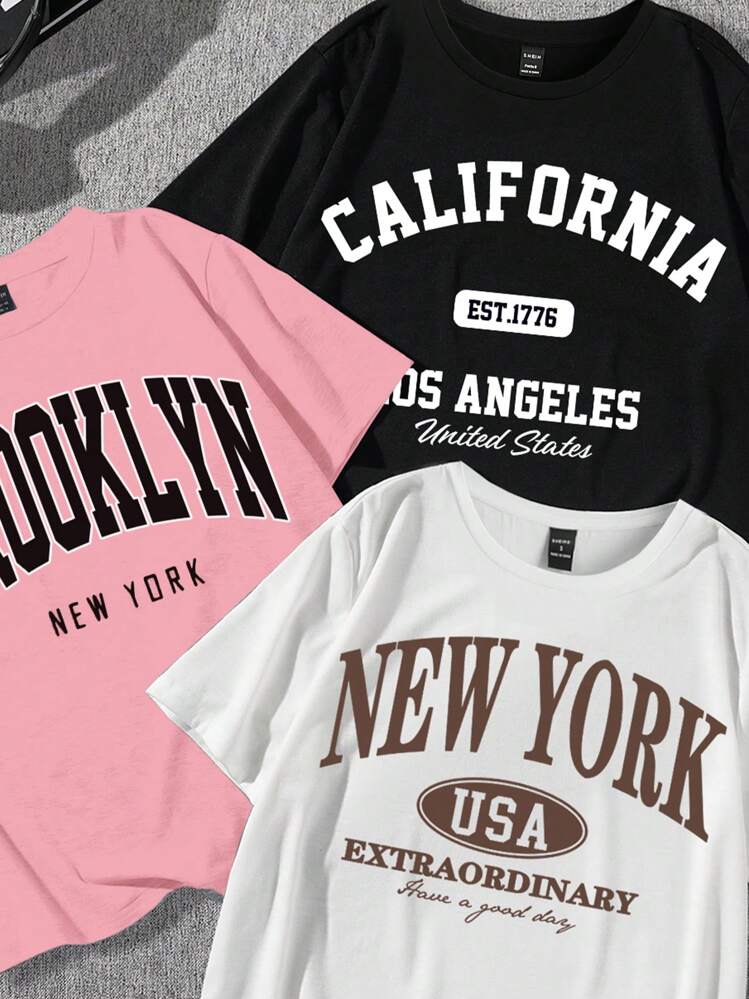 SHEIN Attitoon Set de 3 camisetas de manga corta de ajuste holgado con cuello redondo y gráficos casuales minimalistas de Brooklyn, Nueva York, California e inglés, adecuadas para el verano - Multicolor - Añade 4
