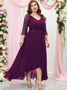 加大对比色蕾丝雪纺荷叶边裹身下摆正式派对礼服婚礼宾客礼服晚礼服 - 紫紅色 - 查看 5