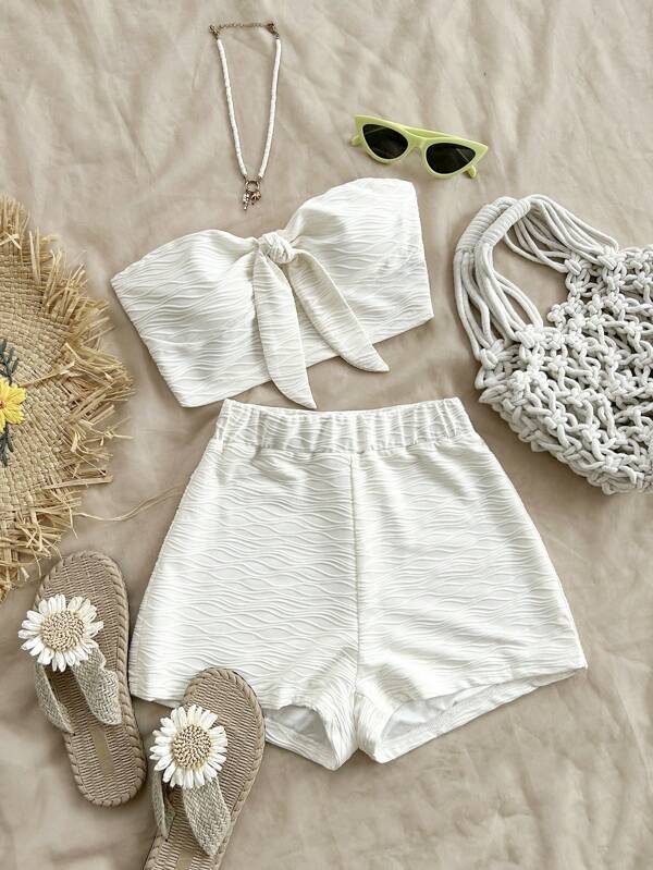 Soleia 2 piezas Conjunto de top corto bandeau texturizado sexy y shorts de cintura alta