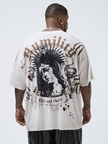 Manfinity VCAY Men's Plus Size Knitted Loose Casual Short Sleeve T-Shirt With Drop Shoulder Pattern Design, Suitable For Summer Daily Wear