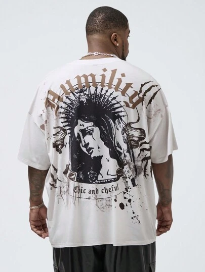 Manfinity VCAY Camiseta de manga corta suelta de punto para hombre con diseño de patrón de hombro caído, de talla grande, adecuada para uso diario en verano