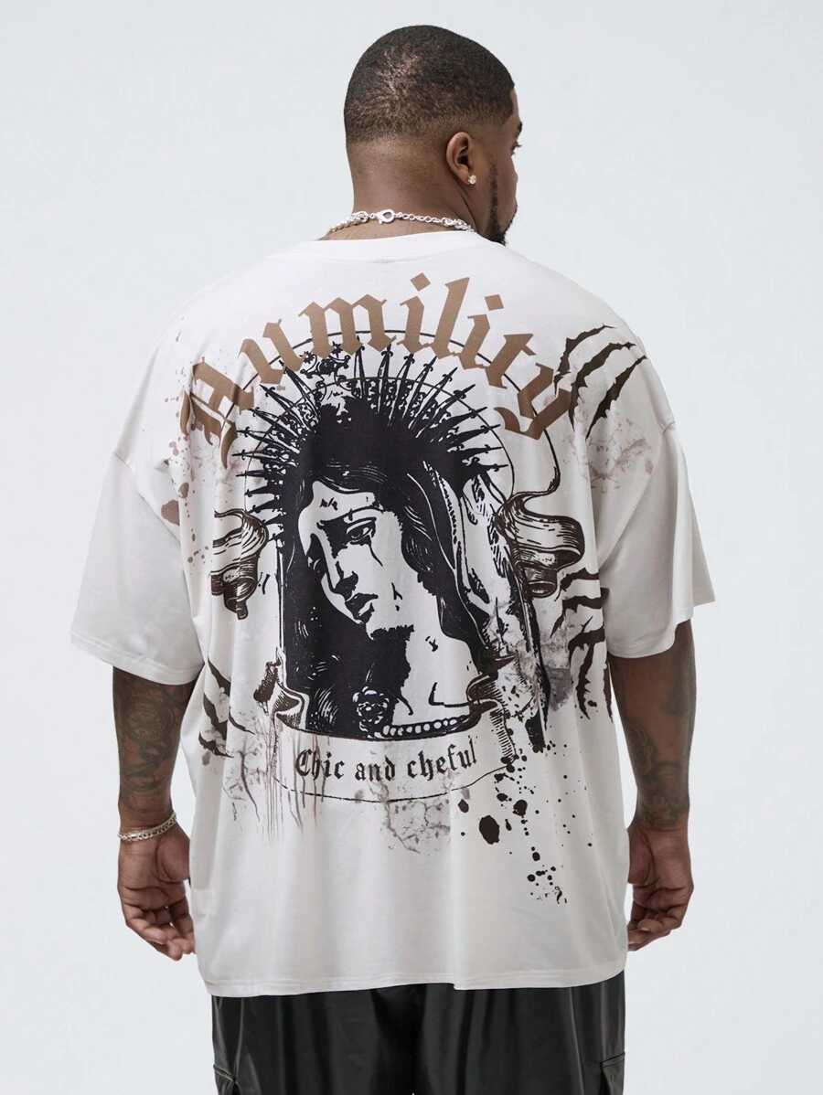 Manfinity VCAY Men's Plus Size Knitted Loose Casual Short Sleeve T-Shirt With Drop Shoulder Pattern Design, Suitable For Summer Daily Wear