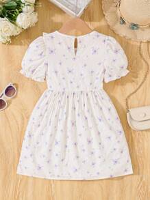 Young Girl Summer Ditsy Floral Patchwork Ruffle Short Puff Sleeve Dress With Bow Decoration, Cute - Apricot - View 2