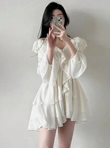 DAZY Women's Fall Elegant Solid Color Cold-Shoulder Halter Ruffle Hem Dress,Casual Women Dresses Long Sleeve Dress - White - View 5