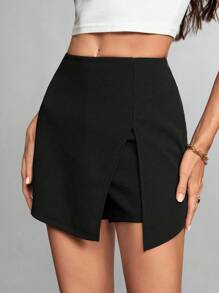SHEIN Tall Solid Color Slit Hem Black Culottes Suitable For Going Out - Black - View 5