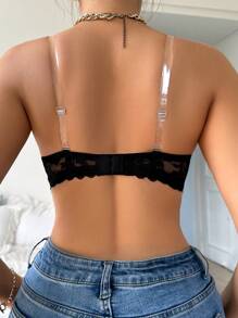 无肩带聚拢文胸，防滑防摔设计，浪漫性感蕾丝带钢圈，适合小胸丰胸，以 1 件内衣形式出售 - 黑色 - 查看 2