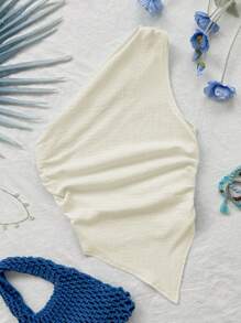 Soleia 女性夏季假日不對稱領口不對稱下擺上衣 - 杏色 - 查看 1