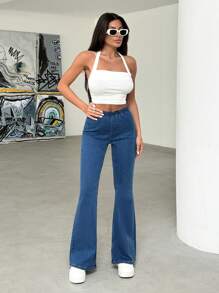 SHEIN Cottnline Quần Jeans Nữ Eo Thấp Eo Co Giãn Chi Tiết Flare Fit - Rửa trung bình - Xem 6