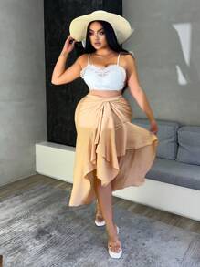 SHEIN Clasi 大尺碼純色扭結不對稱縫製夏季假日裙