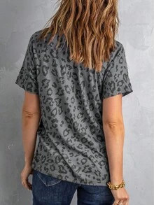 女式插肩袖 V 领豹纹 T 恤，休闲夏装 - 彩色 - 查看 3