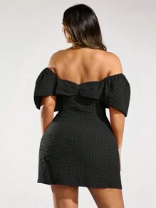 SHEIN BAE Plus Size Women's Textured Puff Plaid Fabric Purple Summer Sweet Party Elegant Puff Sleeve Short Dress