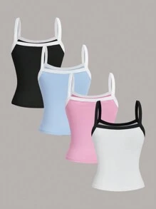 SHEIN Essnce 女式夏季運動休閒拼接坦克背心，黑白粉藍4入組針織網球上衣 - 彩色 - 查看 2