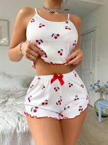 Cherry Printed Cami And Shorts Pajama Set White Set - White - View 3