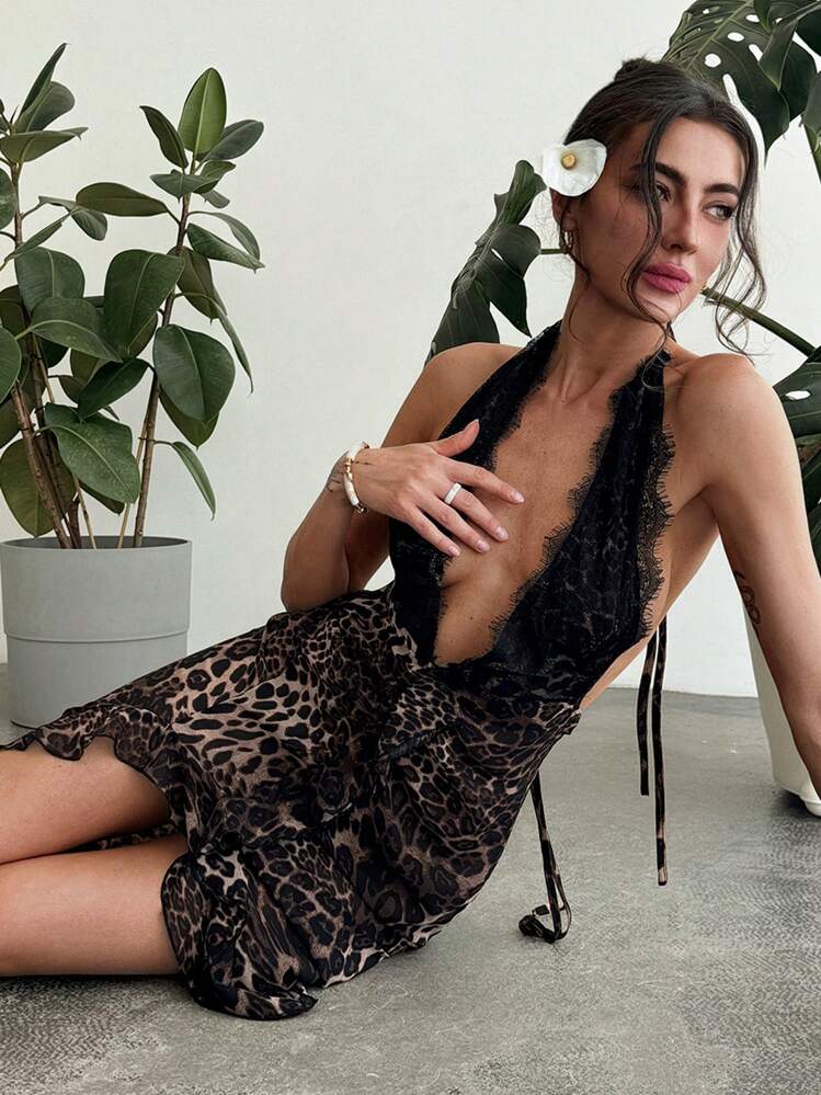 Aloruh Spring/Summer Lace Spliced Leopard Print Deep V-Neck High Slit Dress With Ruffle Trim, Perfect For Parties, Holidays And Music Festivals   Summer Dresses  Summer Holiday Outfits Valentine Dress  Carnival Costume Party Dress Beach Dress  Weddings & Events Elegant Dresses For Ladies Casual Dress For Women Black Dress - Brown - View 5