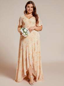 Elegant Plus Size Bridesmaid Dress With Ruffled V-Neckline And Asymmetrical Hemline