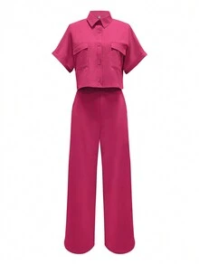2 piezas Conjunto de verano informal, camisa de cierre de botones delanteros con cuello vuelto y pantalón largo de unicolor - Rosa Fucsia - Ver 3