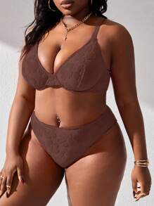 SHEIN Swim Curve Plus Size Summer Beach Plain Jacquard Brown Bathing Suit Bikini Set - Brown - View 5