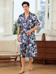 Bata de manga corta con estampado floral azul para hombre con cinturón