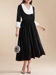 Modelyn Elegant Colorblock Waist Cinching Women's Spring/Summer Dress - Black and White - View 8