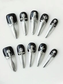 ROMWE Goth 10 buah Kuku Palsu Buatan Tangan Berkualitas Tinggi Gaya Gotik dengan Desain Salib + 3 buah Perekat Dua Sisi, Seni Kuku Gaya Keren Manis Y2K, Dapat Dilepas dengan Stiker Kuku Salib Rhinestone yang Dilukis Tangan, Cocok untuk Festival, Pesta, Dansa, dan Pemakaian Sehari-hari - MultiWarna - View 2