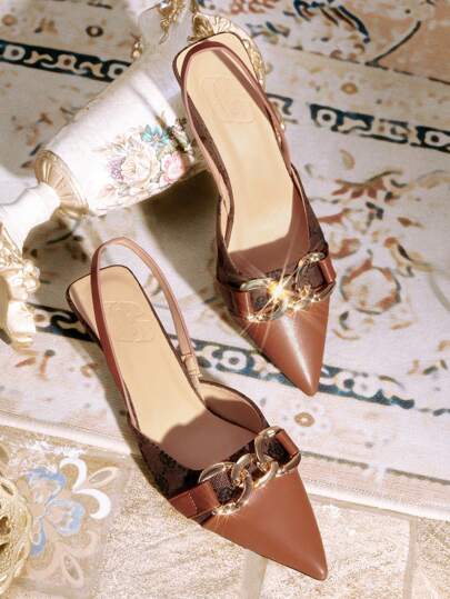 CUCCOO TILAWA Ladies' Vintage Floral Patchwork Design Pointed Toe Back Strap Kitten Heel Sandals With Chain Decoration, Comfortable For Daily Wear & Outdoor Family Gatherings In Spring/Summer, Brown Spring Shoes Spring Break Easter Prom Heels