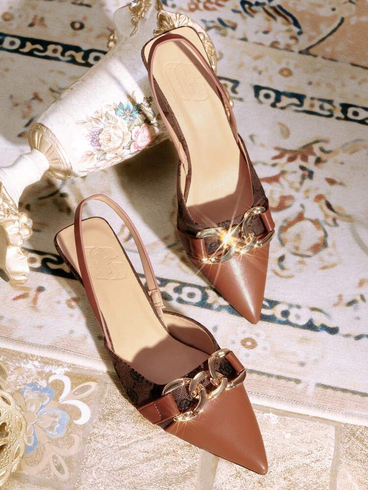 CUCCOO TILAWA Ladies' Vintage Floral Patchwork Design Pointed Toe Back Strap Kitten Heel Sandals With Chain Decoration, Comfortable For Daily Wear & Outdoor Family Gatherings In Spring/Summer, Brown Spring Shoes Spring Break Easter Prom Heels For Christmas