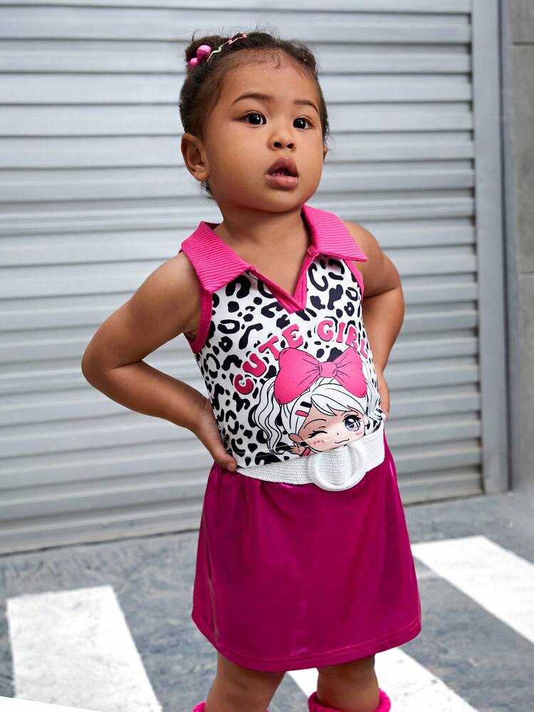 2pcs Baby Girls' Spring Summer Outfits, Elegant And Cool, With Pink Bow And Leopard Print, Featuring The Portrait Of A Girl And Ripstop Fabric