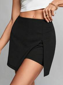SHEIN Tall Solid Color Slit Hem Black Culottes Suitable For Going Out - Black - View 4