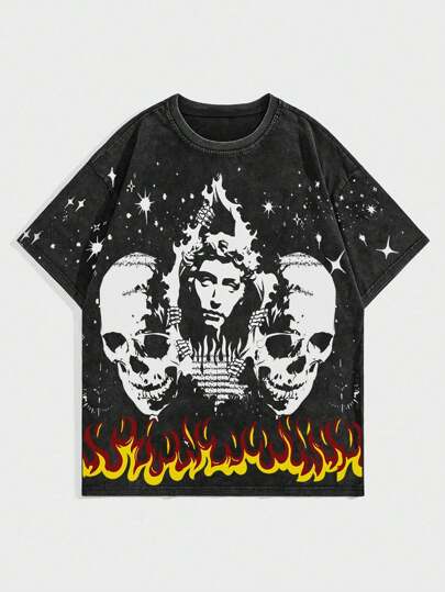 Grunge Punk Camiseta de manga corta lavada del fuego con cráneo vintage para hombre
