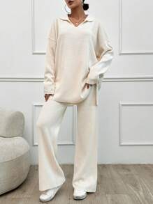 EURMUSE Plus 2pcs/Set Solid Color Turn-Down Collar Sweater And Long Pants Outfit - Apricot - View 5
