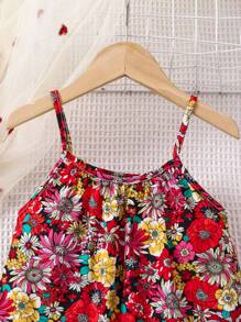 SHEIN Little Girls' Summer Flower Print Ruffled Strap Dress - Rose Red - View 3