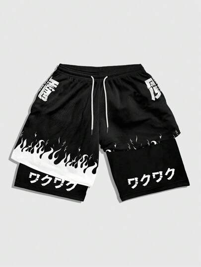 Anime Shorts casuales de baloncesto para hombre con cordón y estampado de llama simple, para uso diario y escuela