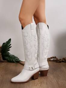 Kendall Jenner風格刺繡靴，2024歐美新款女士復古膝高牛仔靴，厚跟 - 白色 - 查看 2