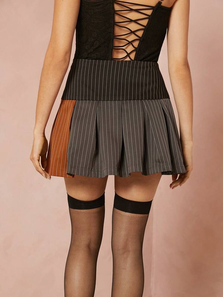 Colorblock Pinstripe Pleated Skirt